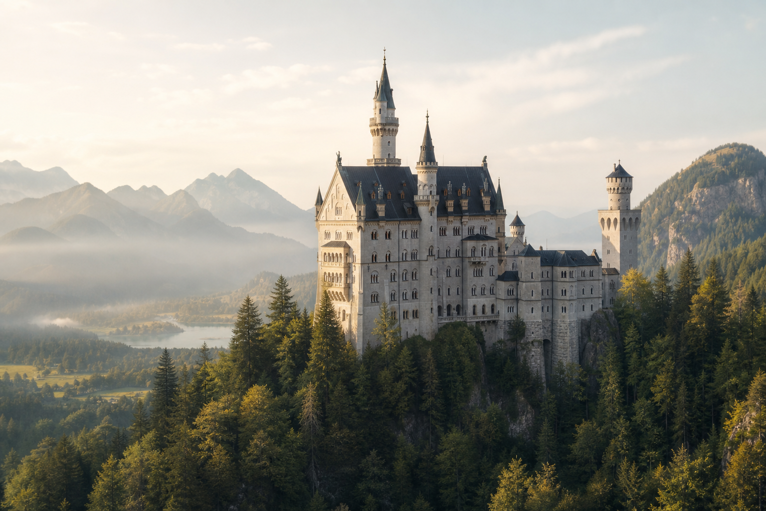 Schloss Neuschwanstein umgeben von grünem Wald in den Bayerischen Alpen