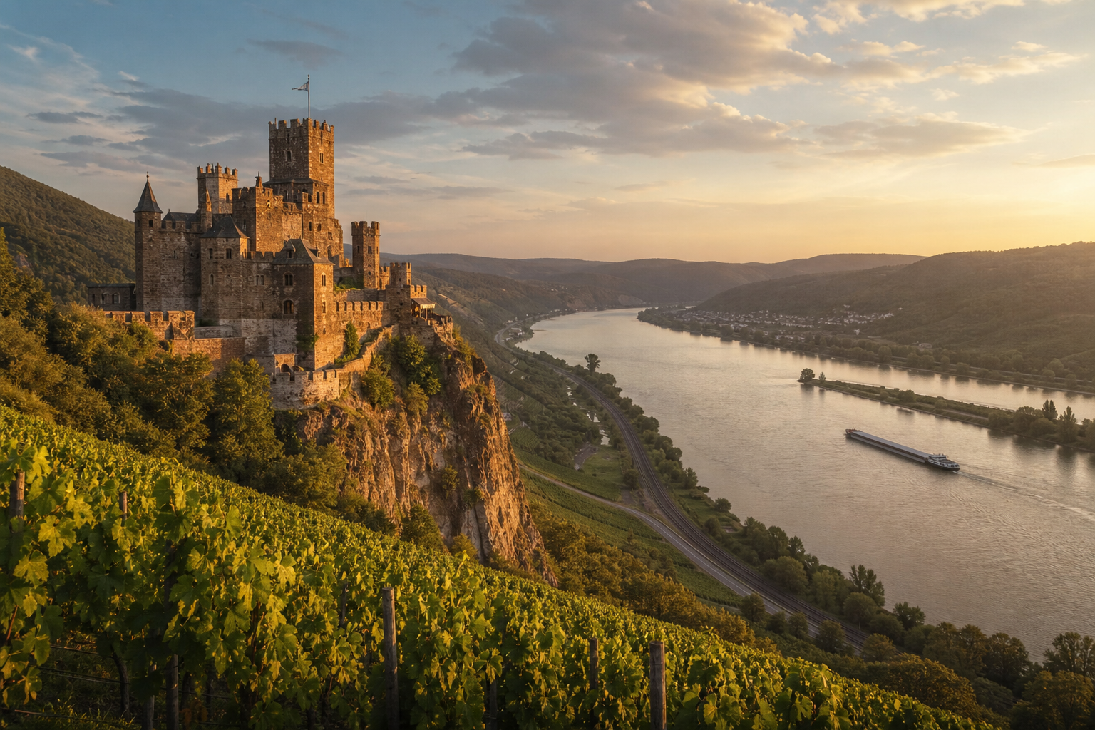 Blick über das Rheintal mit Weinbergen und einer Burg auf einem Hügel im Abendlicht