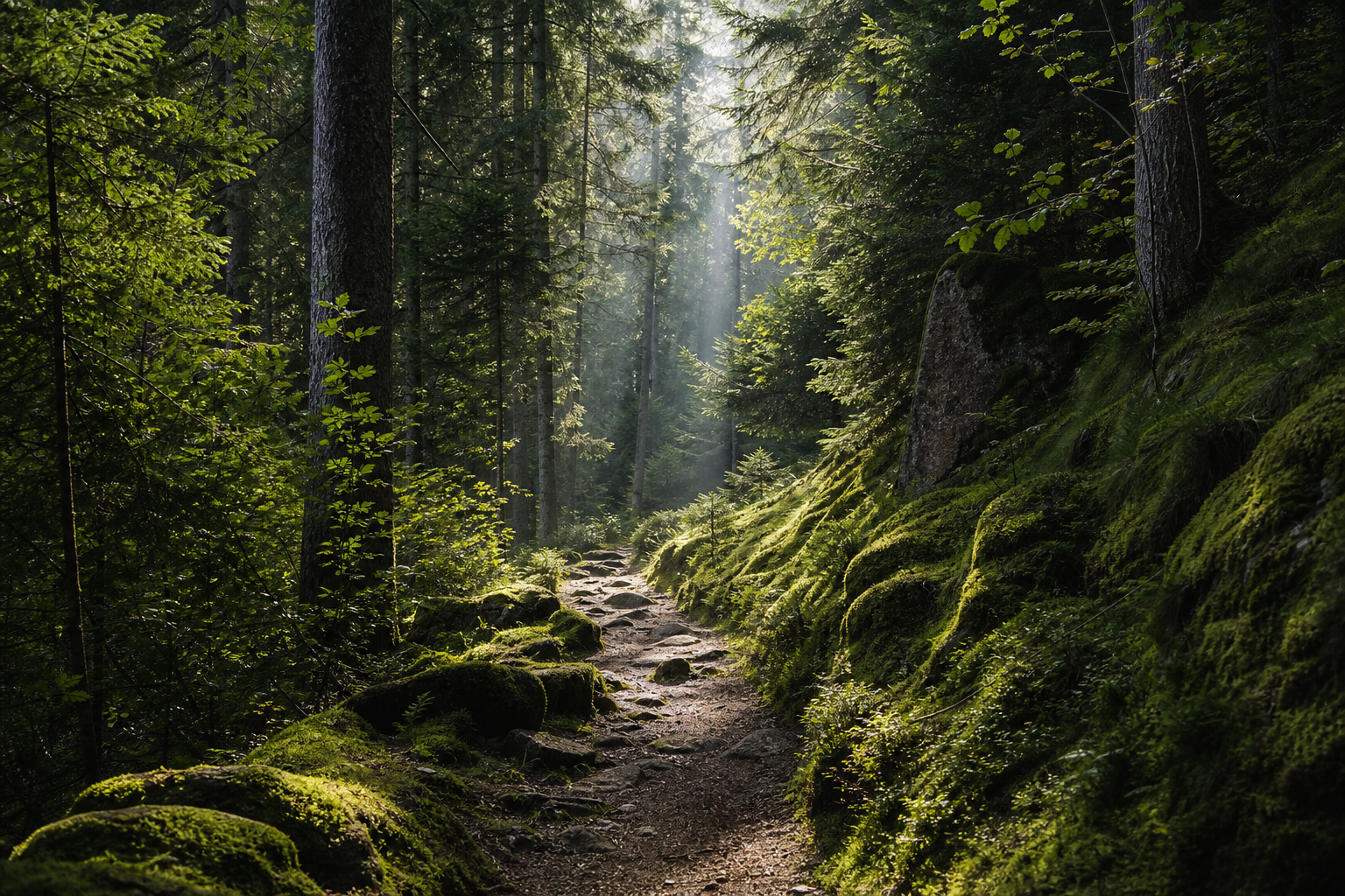 Schmaler Wanderpfad durch den dichten Nadelwald des Schwarzwaldes im Morgennebel